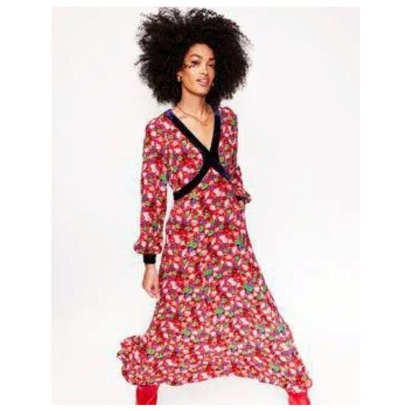 Boden Dresses & Skirts - Boden Womens Dress UK 14 US 10 Red Floral Puff Sleeve Velvet Trim D1102 NWT